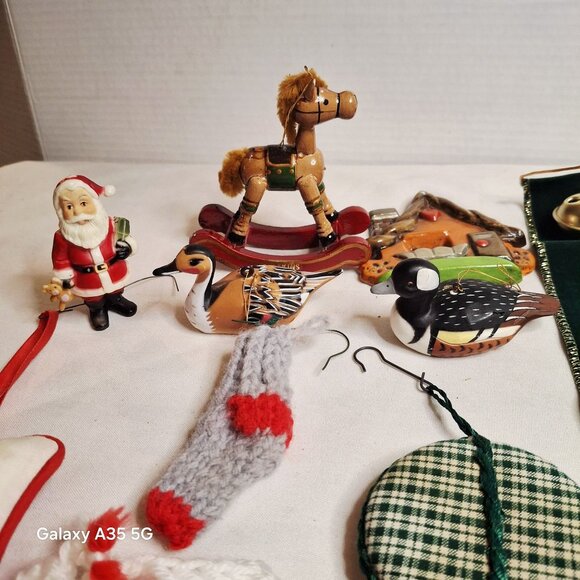 Vintage Christmas Ornaments Set Of 18 With Santa Bells Stockings & Wooden Decora - Picture 2 of 10